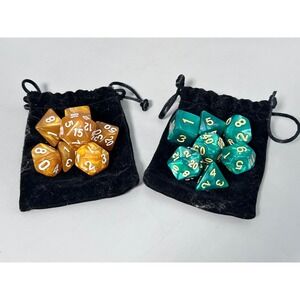 2 Sets Polyhedral RPG Dice Marbled Amber & Emerald Green D&D Tabletop Gaming 14p